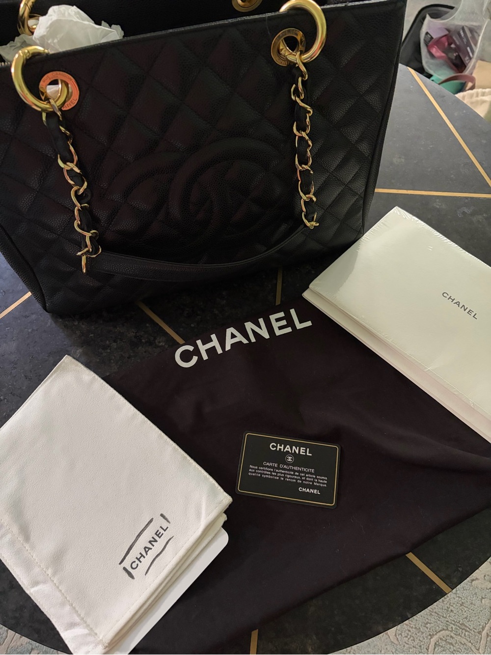 CHANEL Black Quilted Leather Tote with Gold Chain Handles